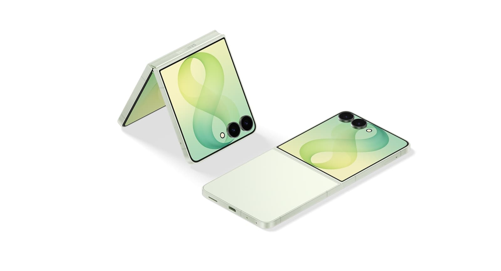 Galaxy Z Flip8 warna Mint: tampak sisi, punggung, dan layar utama terbuka