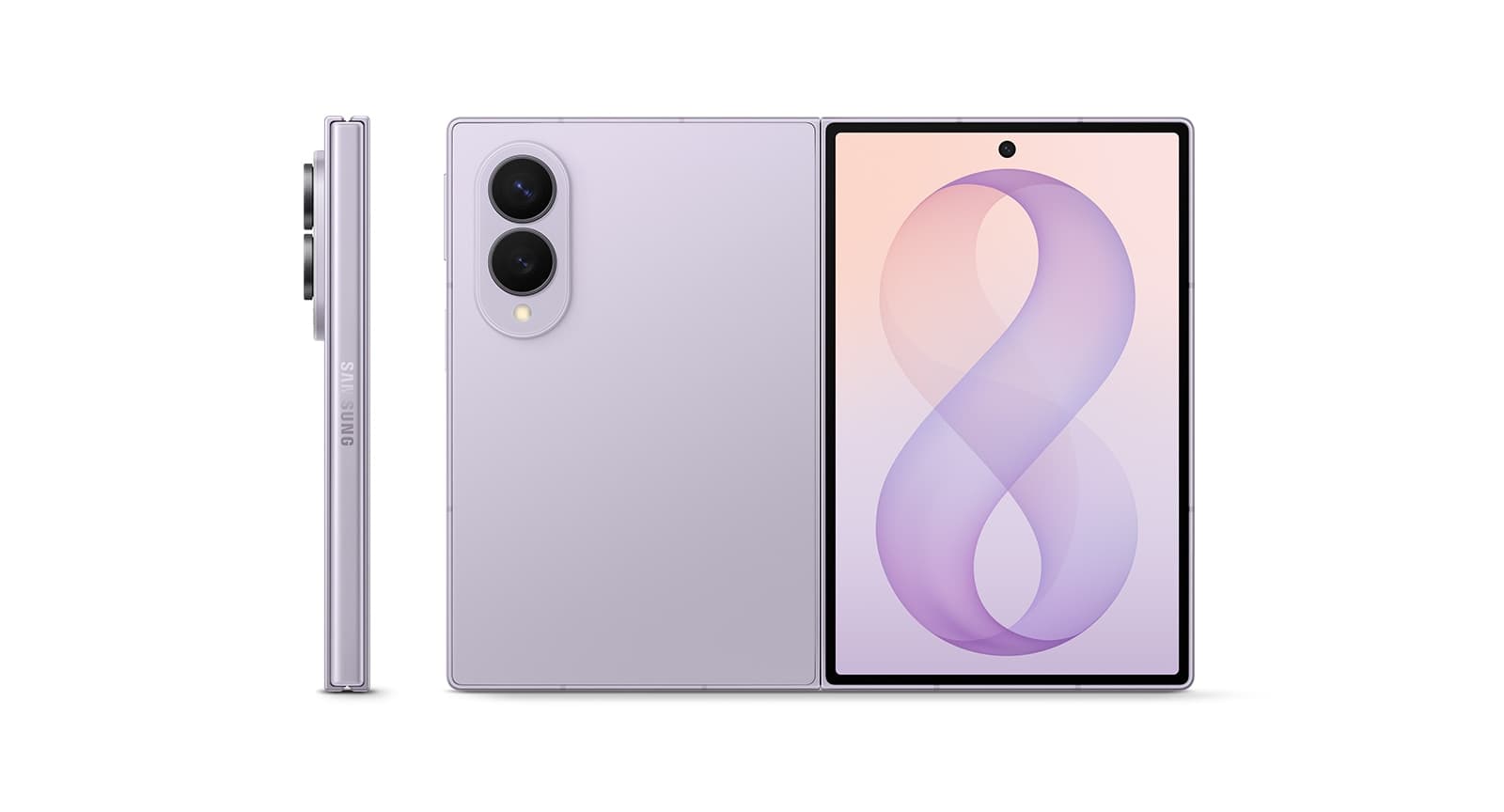 Galaxy Z Fold8 warna Lavender: tampak sisi, punggung, dan layar utama terbuka