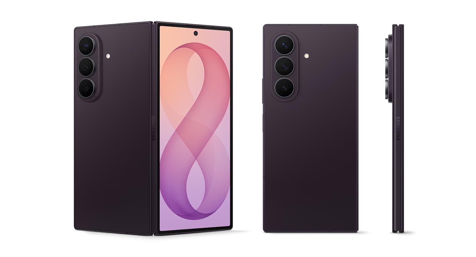 Galaxy Z Fold8 Ultra warna Violet Shadow: tampak sisi, punggung, dan layar utama terbuka