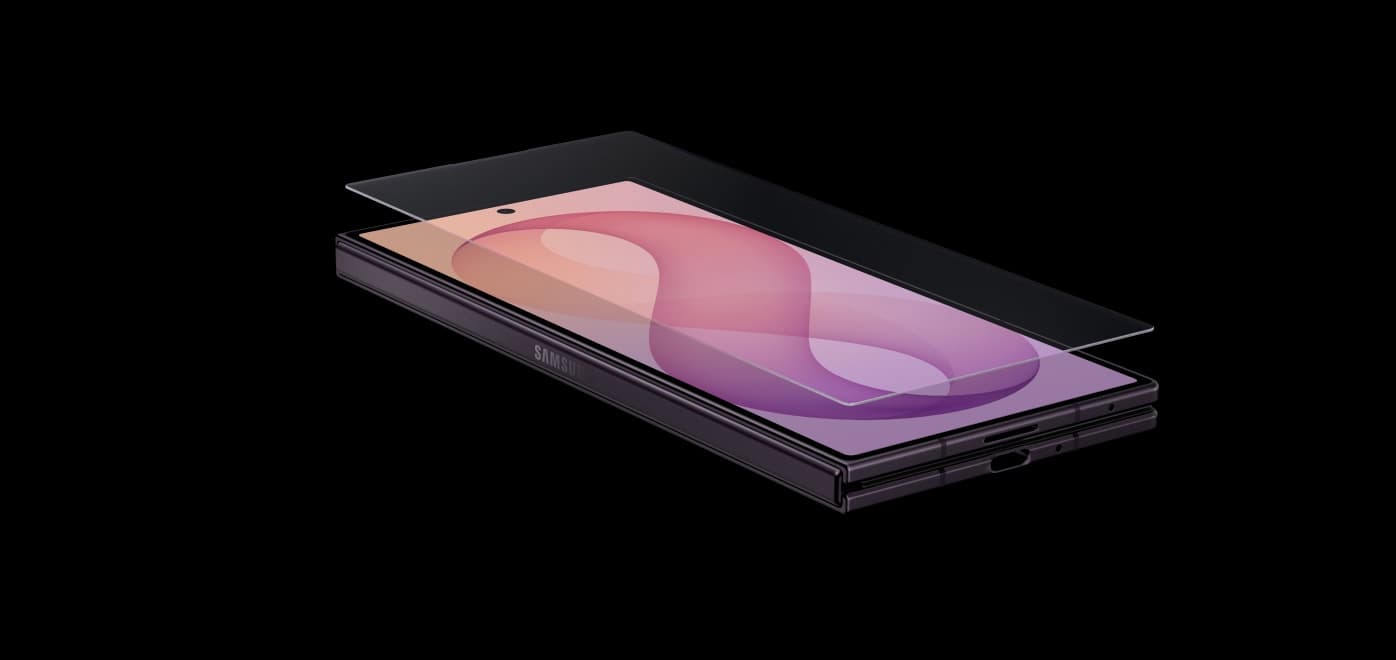 Detail kaca pelindung dan engsel Galaxy Z Fold8 Ultra dari dekat
