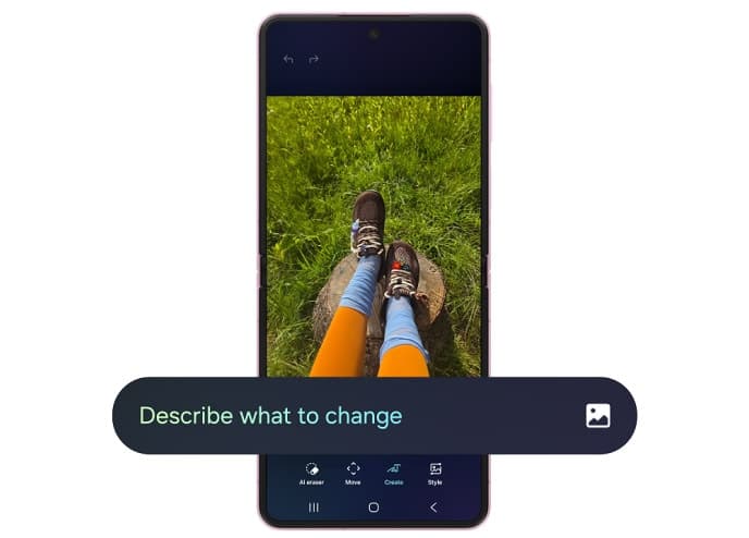 Layar Galaxy Z Flip8 menampilkan penghapusan objek pengganggu dengan Photo Assist
